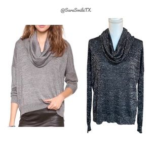 JOIE Black Metallic Silver Draped Cowl Neck Long Sleeve Top